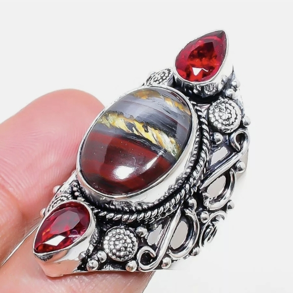 New Iron Tiger Eye and Garnet 925 Silver Ring. - Picture 1 of 7